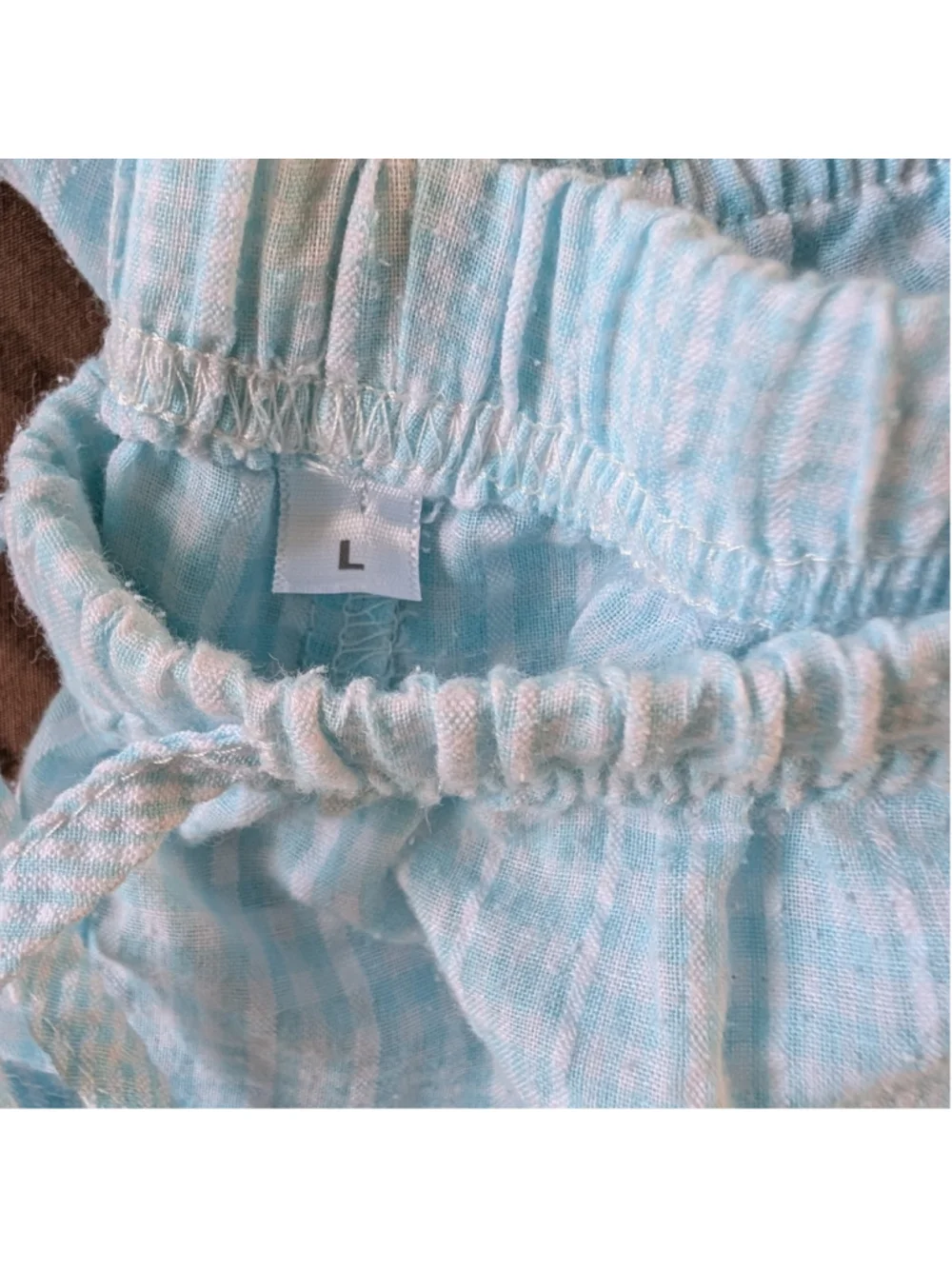 Miss Elaine Pajama Set Large Aqua Blue Seersucker Embroidered Floral Lace Trim